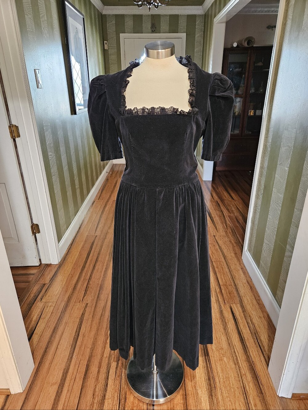 Handmade Vintage Black Velvet Midi Dress with Puff Sleeves SIZE 6